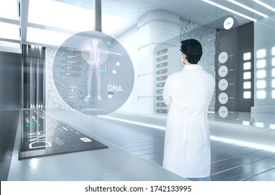 Scientist In Futuristic Laboratory Investigating DNA Genome And Chromosome. Genetic Biotech Biochemistry Experiments, Human Cloning. Digital Healthcare And Vaccine Development. 3d Render Background.