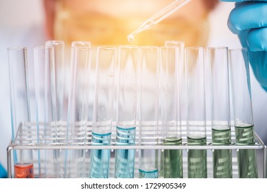 scientist hand dropping the sample substance into the test tube rack in lab. science research concept