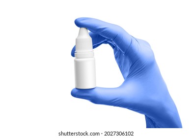 Scientist Hand With Gloves Holding Eye Dropper Bottle Isolate Mock Up Is On White Background With Clipping Path