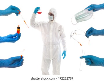 
Scientist hand, holding a variety of devices, for working in the lab. Isolated white background. Scientists wearing protective clothing. - Powered by Shutterstock