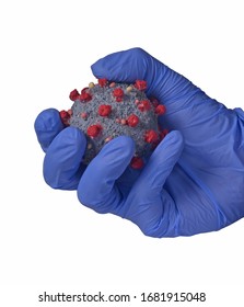 Scientist hand holding virus molecular structure on white background