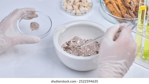 A scientist hand holds a petri dish with a fine herbal powder, ready to mix into a mortar. The lab is filled with various herbs and various laboratory equipment. - Powered by Shutterstock