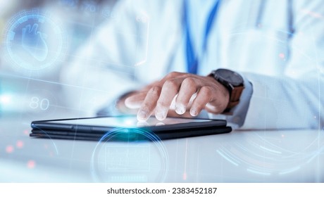 Scientist hand, tablet and hologram in laboratory with typing, chart data and 3d overlay for pharma development. Pharmaceutical person, digital touchscreen and press on holographic dashboard for info - Powered by Shutterstock