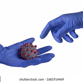 Scientist hands holding and touching virus molecular structure on white background