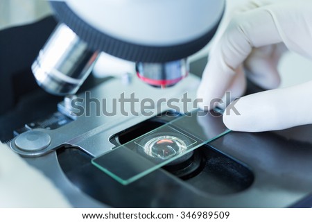 Scientist hands with microscope, examining samples, Concept science and Technology