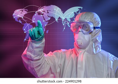 Scientist in Hazmat suit and protective gear pointing at origin of Ebola virus