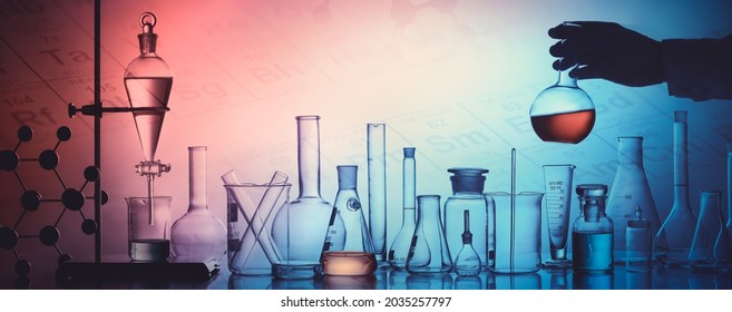 Scientist holding flask lab glassware in laboratory, science laboratory research and development