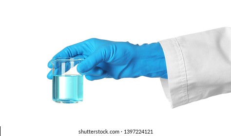 Scientist Holding Glass Beaker With Liquid On White Background. Chemical Research