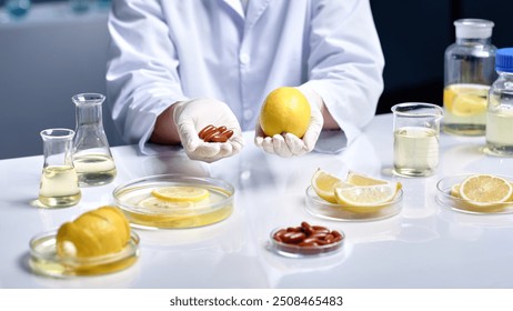 A scientist is holding a lemon and brown capsules, while other laboratory equipment is on the table. The background is a blue tone, modern laboratory environment. - Powered by Shutterstock