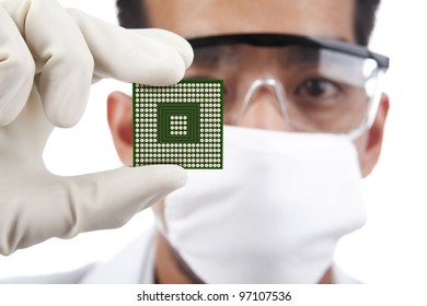 Scientist Holding A Microchip Computer