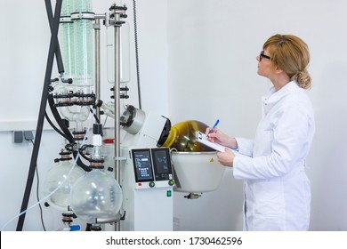 Scientist Holding Paper Board And Controlling Rotational Vaporizer During CBD Oil Extraction. Machine Has Green Condenser And Rotational Flask Where CBD Hemp Oil Extraction Is In Process.