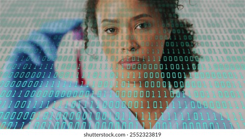 Scientist holding test tube with binary coding over laboratory image. Science, technology, research, analysis, digital, innovation