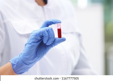 Scientist Holding Test Tube With Blood Sample In Laboratory