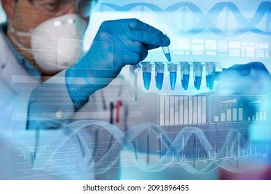 Scientist Holding Tube Pcr In Virtual Screen With Data Scientific At Genetic Engineering Lab. Hands Of Biomedical Engineer Genetic Working Whit Microtubes In Biotechincal Laboratory 