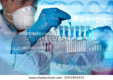 Scientist holding tube pcr in virtual screen with data scientific at genetic engineering lab. Hands of biomedical engineer genetic working whit microtubes in biotechincal laboratory 