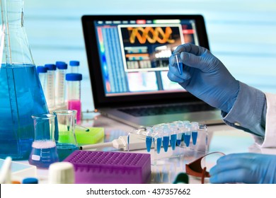 scientist holding tube and working with laptop in genetics lab / engineer genetic working in laboratory