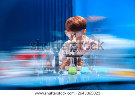 A scientist intensively examines a sample under a microscope in a dynamic laboratory setting, showcasing a blend of vibrant colors and scientific exploration.