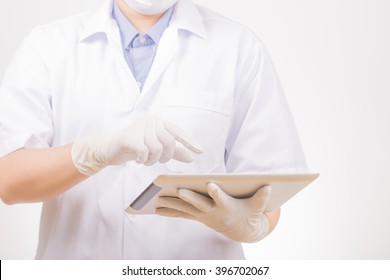 Scientist With Ipad On White Background