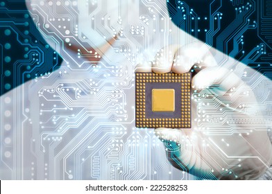 Scientist In Jumpsuit Holding Microchip And Electronics Circuit Glow