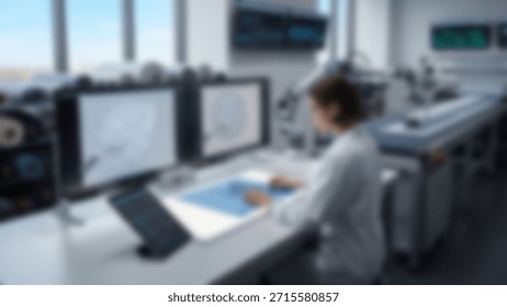 Scientist in lab analyzing data on computer screens with research, and healthcare innovation.