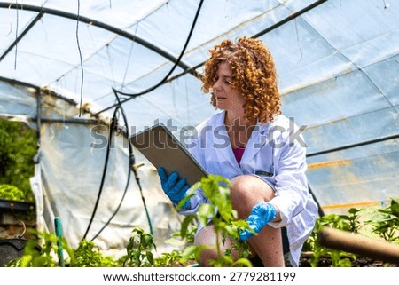 Scientist in lab coat and gloves checking plant health, recording data on a digital tablet