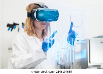 Scientist in lab coat and virtual reality VR goggle uses AR augmented reality for analysis of data. Metaverse NFT game concept. 