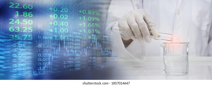 Scientist In Laboratory Coat Poring Water From Test Tube Into Beaker White Health Science And Stock Market Business Information Banner Background  