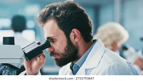 Scientist, man and inspection in lab with microscope, experiment and sample test for medical research. Coworking, person and science investigation with equipment, clinical trial and healthcare study.