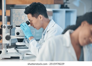 Scientist, man and microscope analysis in lab for medical research, botany investigation and plant science. Healthcare, person and teamwork for medicine treatment, biomedicine experiment and biology
