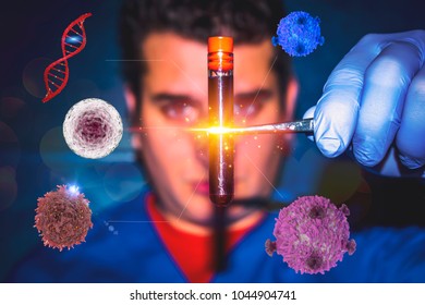 Scientist Medical Doctor Holding Blood Vial Test And Stem Cells, DNA, T-cell And Cancer Cell Concept Medical Research 