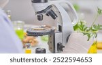 A scientist meticulously adjusts the focus of a microscope, surrounded by various herbs and roots in petri dishes, highlights analysis of natural ingredients for potential medicinal benefits.