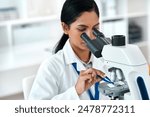 Scientist, microscope and science in laboratory for innovation, bacteria and medical healthcare development. Woman, analysis and microscopic slide for pharmaceutical discovery, particles and research