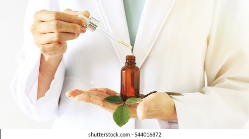 Scientist with natural drug research, Green herbal medicine discovery at science lab. (Selective Focus)