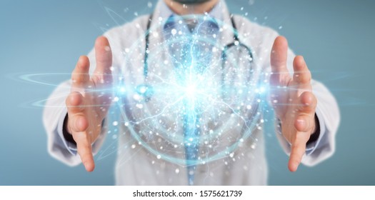 Scientist on blurred background creating renewable and sustainable eco energy with electrical sphere 3D rendering