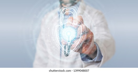 Scientist on blurred background using digital padlock security interface to protect datas 3D rendering