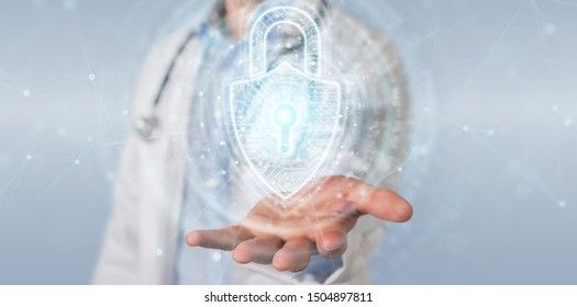 Scientist on blurred background using digital padlock security interface to protect datas 3D rendering