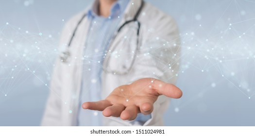 Scientist on blurred background using floating digital network connections with dots and lines 3D rendering
