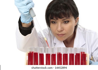 Scientist, Pathologist Or Other Lab Worker Takes A Sample From A Test Tube