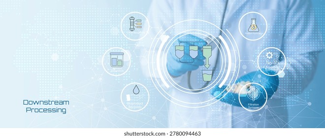Scientist performing downstream processing in biopharmaceutical laboratory with modern filtration and purification technology