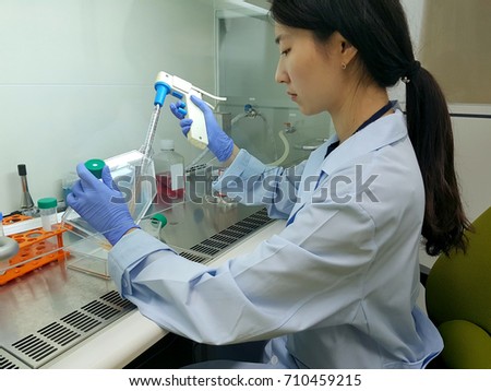 The scientist pipettes an animal cell sample on a clean bench.