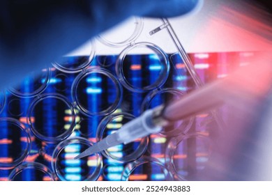 Scientist pipetting sample in multi well plate for DNA analysis with genetic results in background  - Powered by Shutterstock