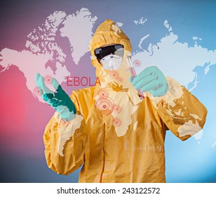 Scientist With Protective Yellow Hazmat Suit, Ebola Concept.