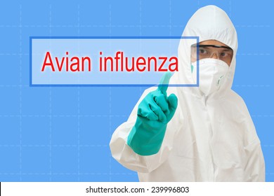 Scientist In Safety Suit  Pointing To Avian Influenza