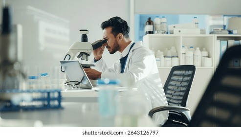 Scientist, sample and man with microscope in lab for clinical trial, virus study and experiment. Science, innovation and employee with equipment for medical research, vaccine development and analysis