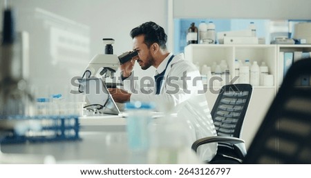 Scientist, sample and man with microscope in lab for clinical trial, virus study and experiment. Science, innovation and employee with equipment for medical research, vaccine development and analysis