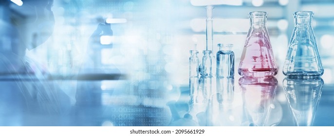 Scientist Shadow With Glass Flask And Beaker In Medical Health Science Of Blue Technology Banner Background