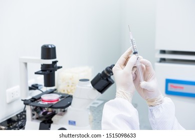 A Scientist In Sterile Coverall Gown Holding A Syringe For Doing Medical Research In Clean Environment. Cleanroom Facility.