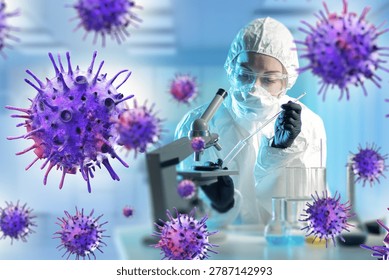 Scientist studies virus samples in laboratory, microbiology research and infection testing