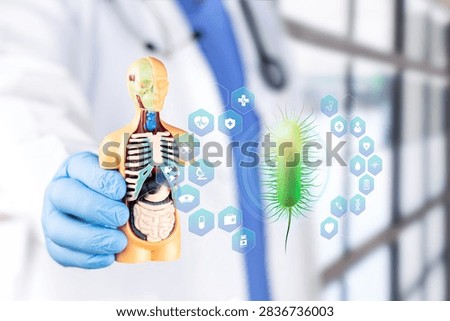 Scientist studying a graph of E. coli bacteria for urinary tract infection diagnosis, microbiological research, and medical concept. Bokeh background.