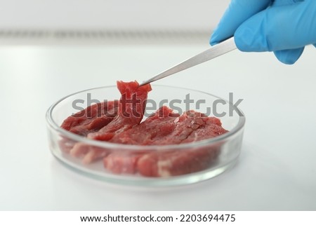 Scientist taking raw cultured meat out of Petri dish with tweezers at white table, closeup
